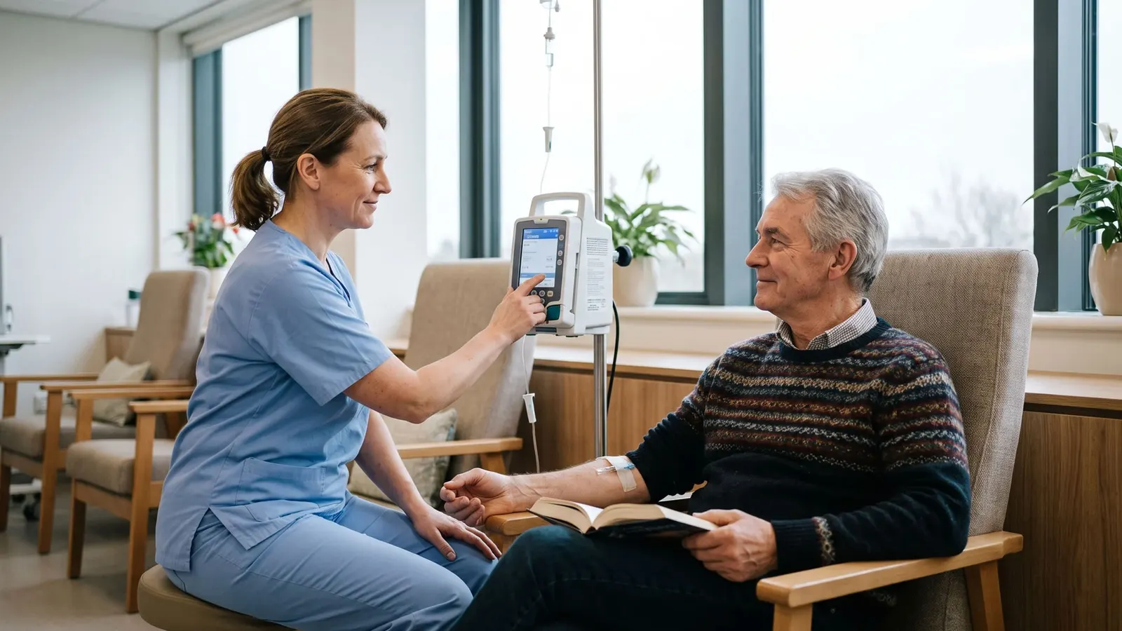 Pflegekraft betreut einen Patienten während einer Infusion in einer hellen onkologischen Tagesklinik
