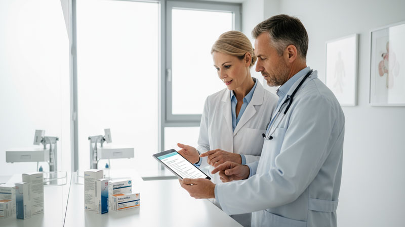 Apothekerin und Arzt besprechen eine Medikation am Tablet