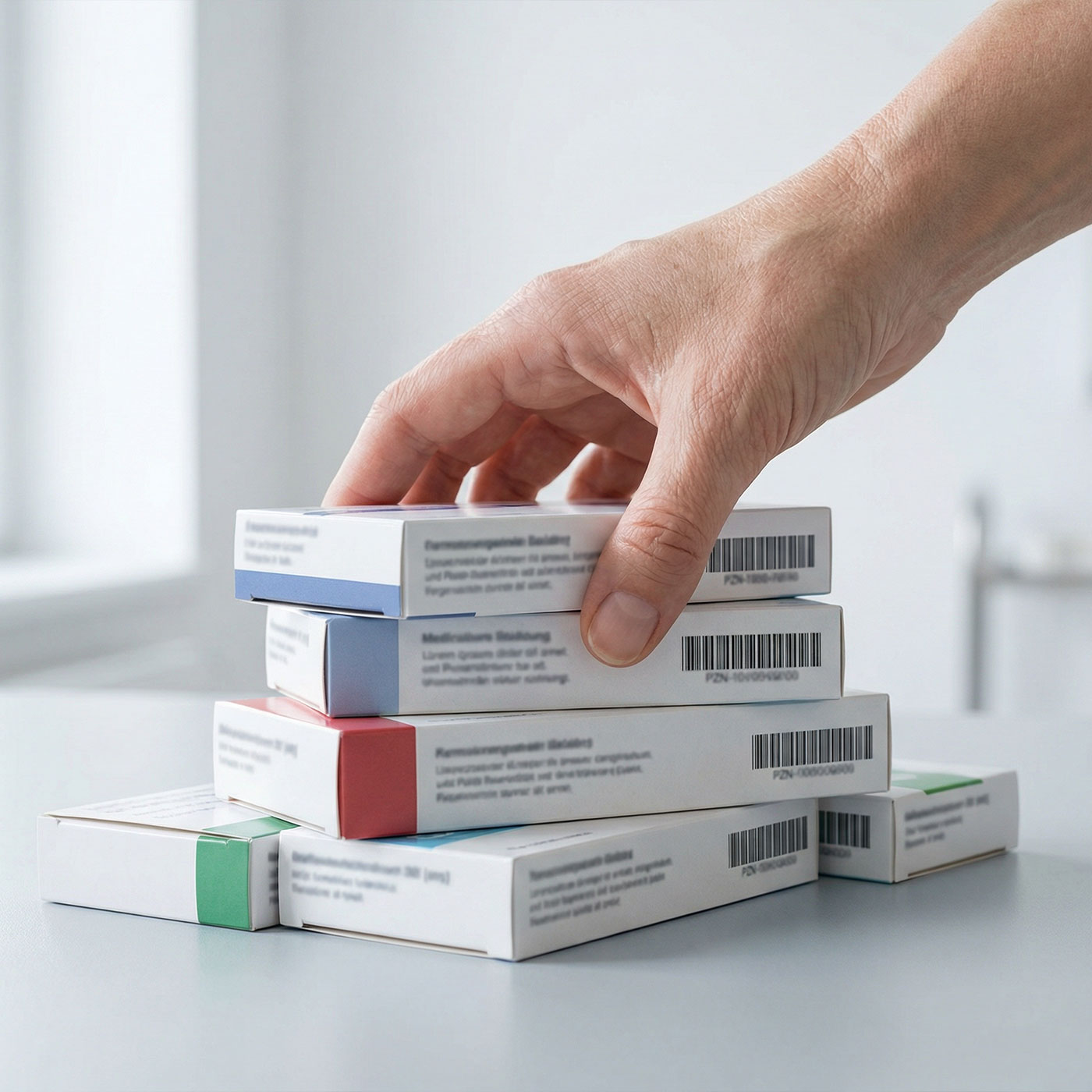 Hand legt eine Arzneimittelpackung auf einen Stapel weiterer Packungen