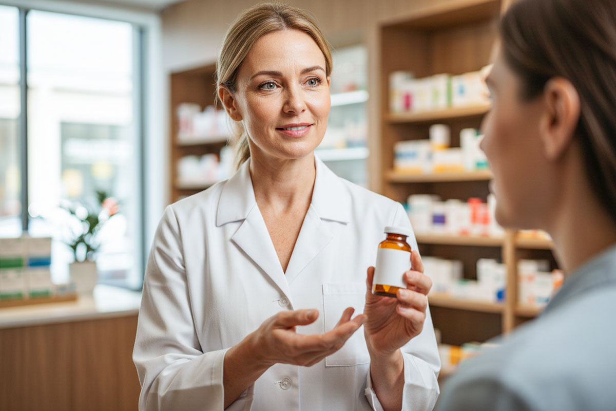 Apothekerin erklärt die Anwendung eines Arzneimittels